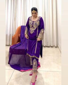 TRENDBUY Designer Purple Georgette Heavy Embroidery Sequence Party Wear Suit Set