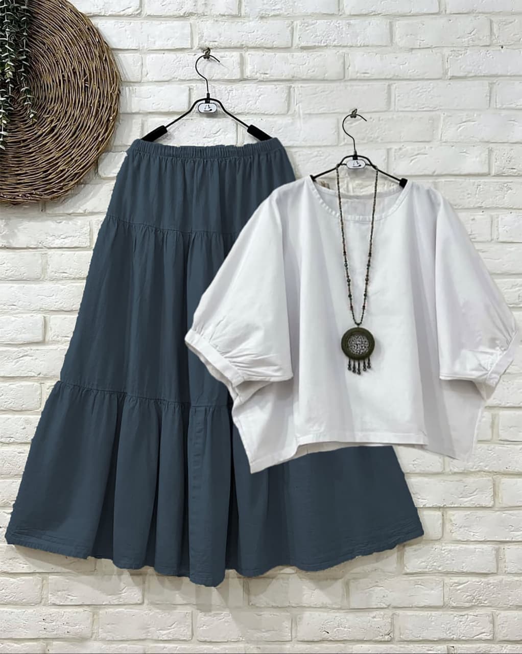 TRENDBUY Reyon Skirt and Top Set in Blue Skirt with White Top, featuring layered flair and a comfortable fit.