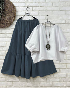 TRENDBUY Reyon Layered Maxi Skirt & Puffed Sleeve Top Set - Elegant & Comfortable