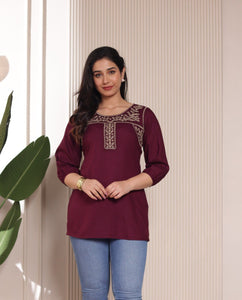 TRENDBUY Women's Slim Fit Cotton Embroidered Short Kurti Top - Versatile Ethnic Wear