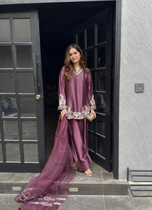 TRENDBUY Designer Plum Crepe Silk Kurta Set with Intricate Embroidery & Net Dupatta - Ready To Wear