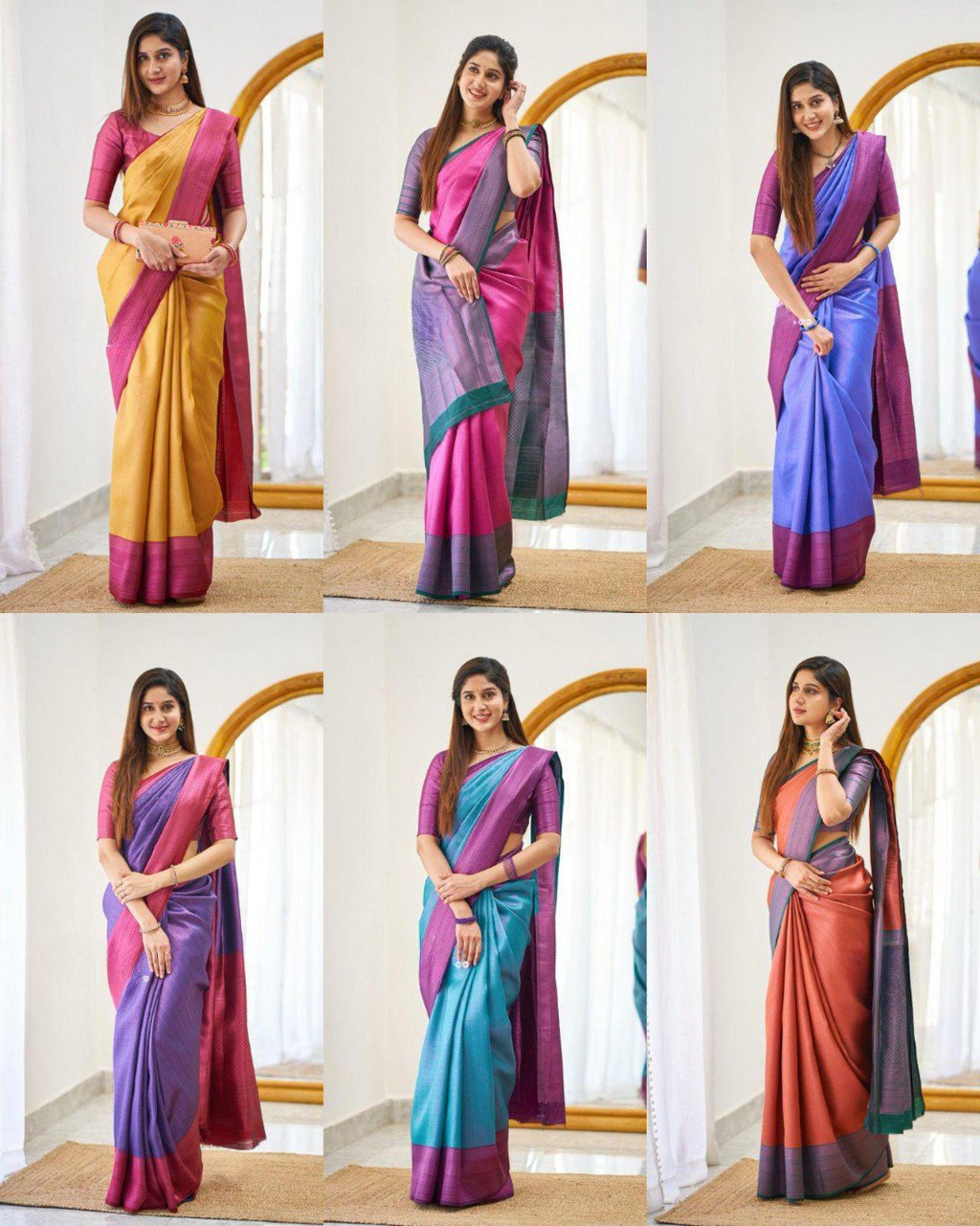 Woman posing in a Mustard Yellow Lichi Silk Saree with a rich pink pallu and contrast blouse.
