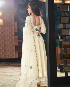 TRENDBUY: Rasha Tandani Bollywood Inspired White Anarkali Suit with Embroidery & 4M Flair