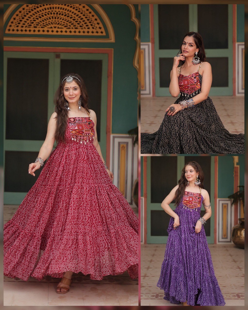 Full-length view of a model in a maroon Bandhani print gown with Kutchi patchwork, posing in a traditional Indian setting.
