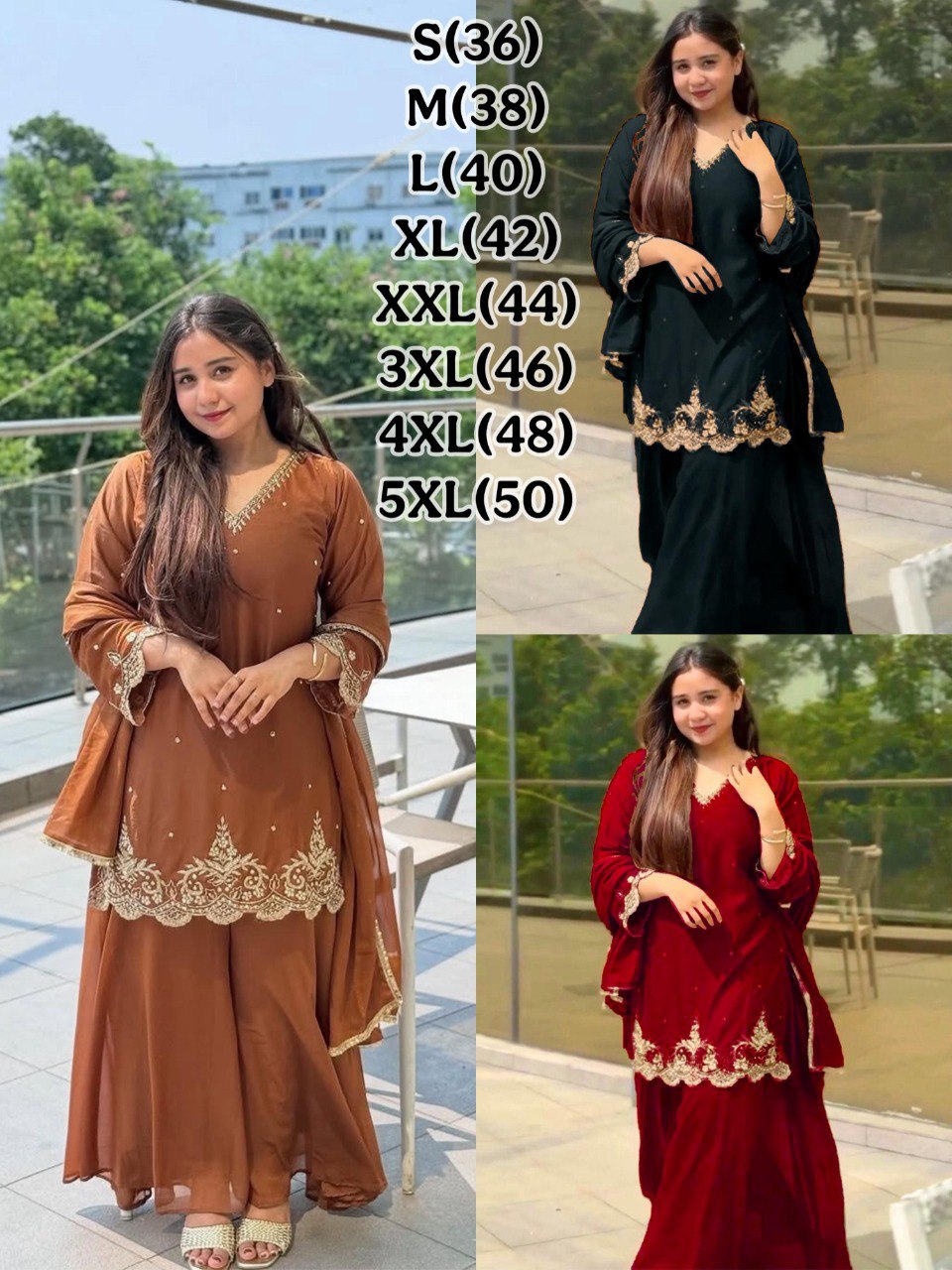 TRENDBUY model showcasing three colors (Rust Brown, Black, Vibrant Red) of designer Faux Georgette plazzo suit set with size chart.