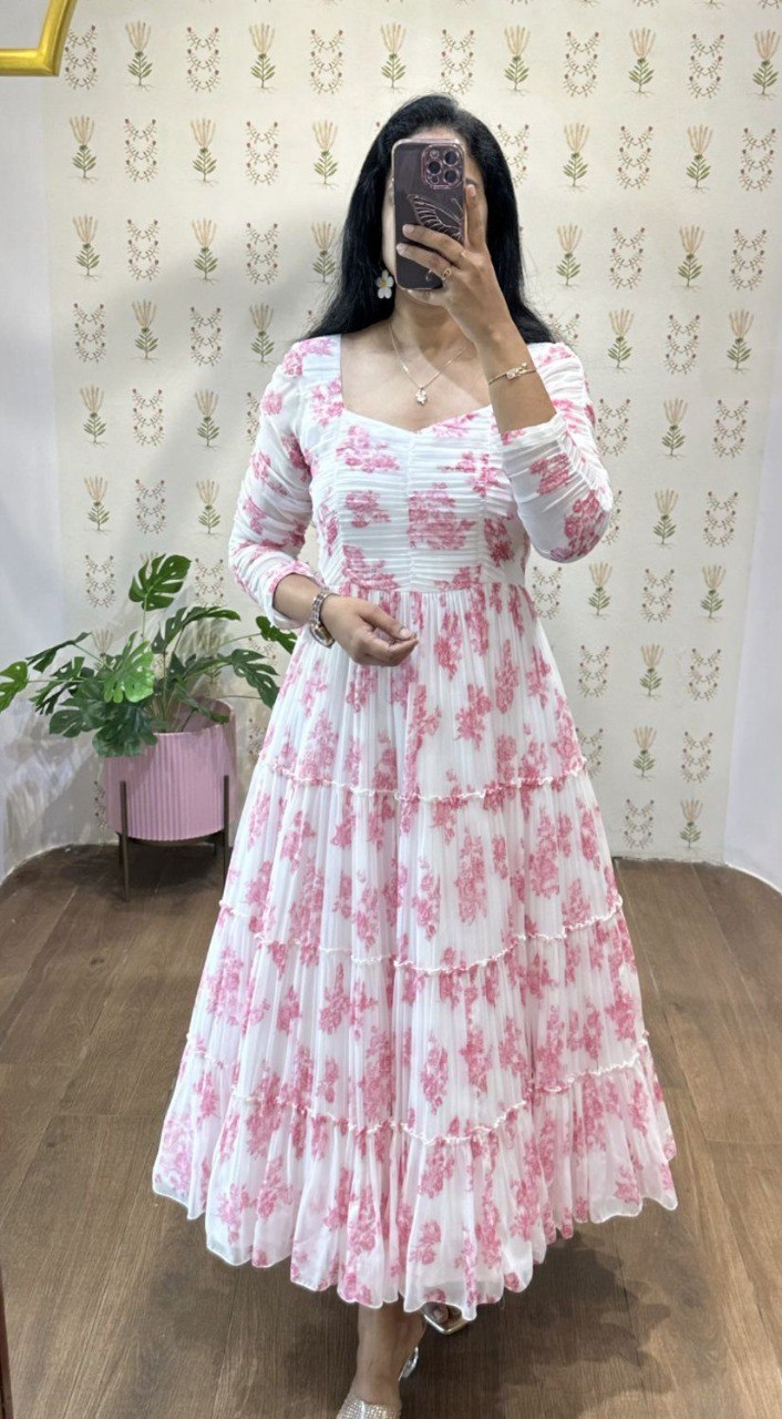 TRENDBUY White & Pink Floral Georgette Tiered Maxi Dress with square neckline