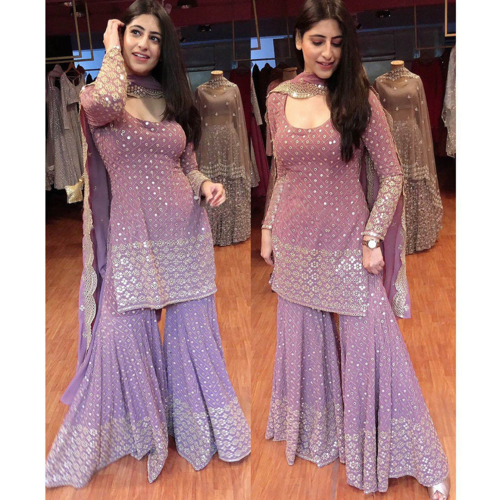 Model showcasing TRENDBUY Lavender Georgette Sharara Suit with 9 MM sequins and Zari embroidery, full view.