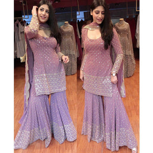 TRENDBUY Lavender Georgette Sharara Suit Set with 9 MM Sequins & Zari Embroidery