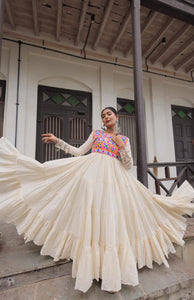 TRENDBUY Elegant Off-White Kora Cotton Gown with Multi-Thread Gamthi Embroidery & Grand 12-Meter Flair