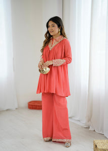 TRENDBUY Salmon Pink Embroidered Chinon Cord Set | Trendy 2-Piece Plazzo & Peplum Top