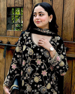 TRENDBUY Exclusive Black Georgette Kurti Palazzo Set with Fancy Thread Embroidery