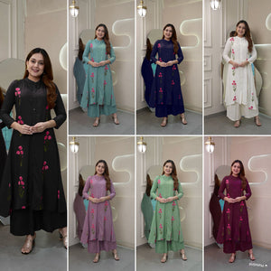 TRENDBUY Long Flair Rayon Kurti with Palazzo Set | Embroidered Ethnic Wear in New Colors