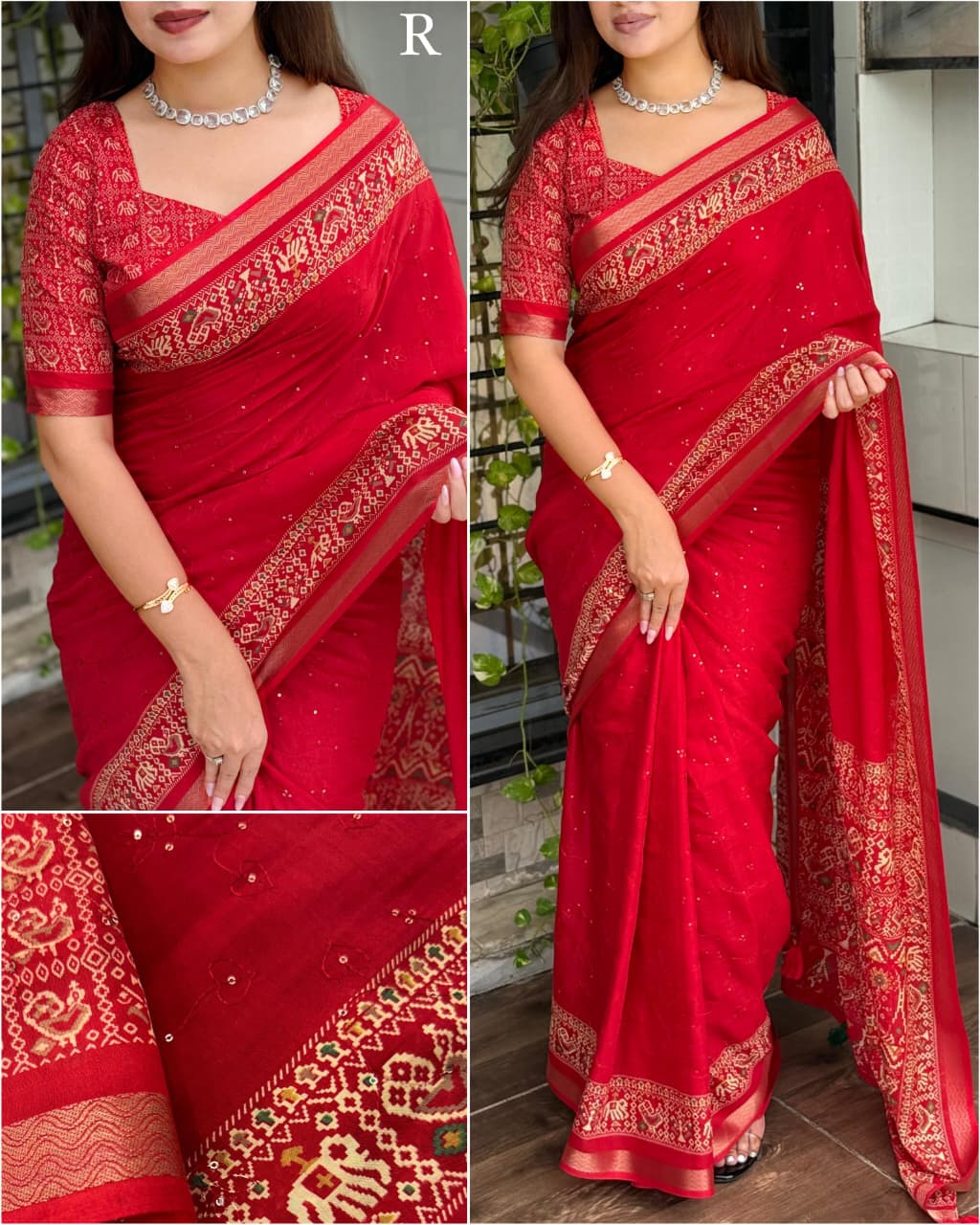TRENDBUY Red Ajrakh Mul Cotton Saree with sequin work and zari border, model wearing short-sleeved blouse