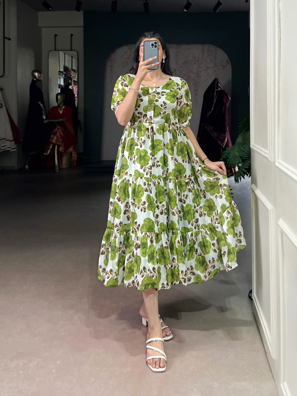 TRENDBUY Green Floral Vichitra Silk Tiered Midi Frock Dress, front view, woman modeling