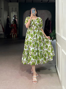 TRENDBUY Floral Print Vichitra Silk Tiered Midi Frock Dress for Women
