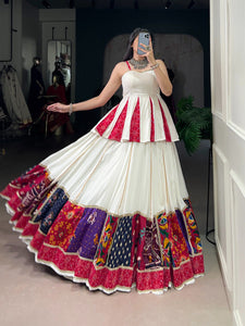 TRENDBUY Navratri Special White Rayon Multi-Patch Bandhani Lehenga Choli Set