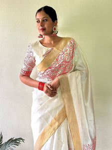 Divine Goddess Durga Digital Print Linen Saree with Gold Jari Border - TRENDBUY Exclusive