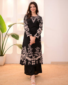 TRENDBUY Designer Rayon Slub Handwork 2-Piece Suit Set | Women's Kurta & Palazzo