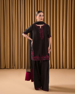 TRENDBUY Exquisite Black French Crepe Kurta Plazo Set with Red Handwork & Sequence Embroidery