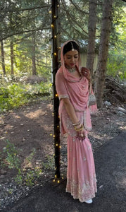 TRENDBUY Designer Blush Pink Georgette Sharara Suit Set with Heavy Embroidery & Sequence Work