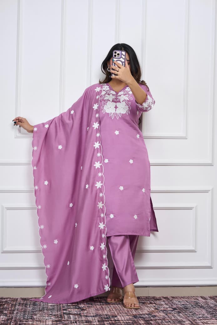 Woman modeling Ice Wine Roman Silk Kurti Pant Dupatta set, elegant full view.