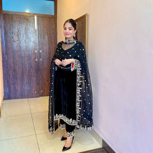 TRENDBUY Designer Black Velvet Kurta Set with Palazzo and Net Dupatta - Festive & Party Wear
