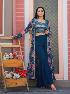 TRENDBUY Designer Embroidered Choli with Printed Shrug & Sharara Set