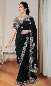 Black Sargam Georgette Saree with Heavy Floral Embroidery & Cutwork Border - TRENDBUY