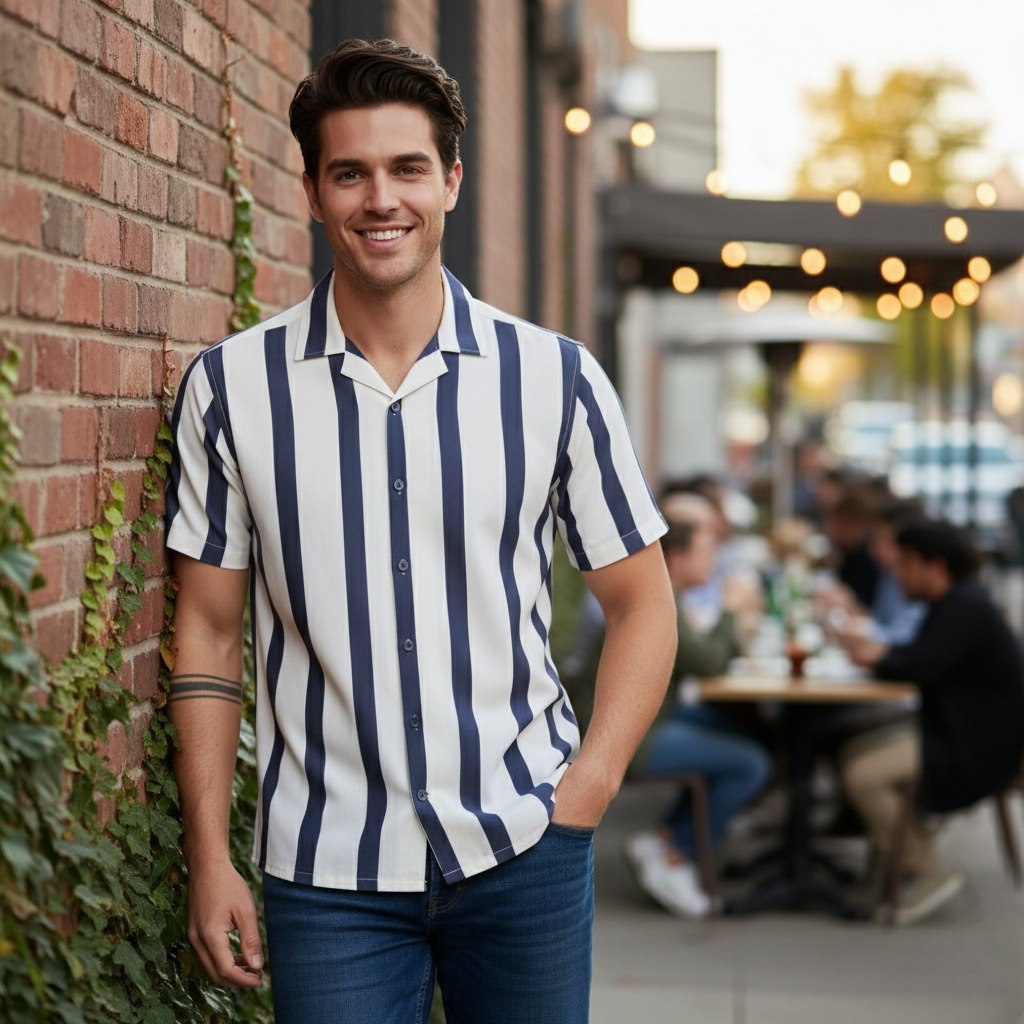 Smiling man in blue and white vertical stripe Cuban collar shirt leaning on a brick wall, urban setting