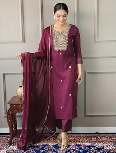 TRENDBUY Women's Heavy Reyon Embroidered Kurta Pant Suit Set with Chinon Dupatta