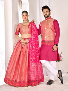 TRENDBUY Shriwalli Jacquard Kanjivaram Ikkat Couple Combo: Men's Koti Kurta & Women's Lehenga Set