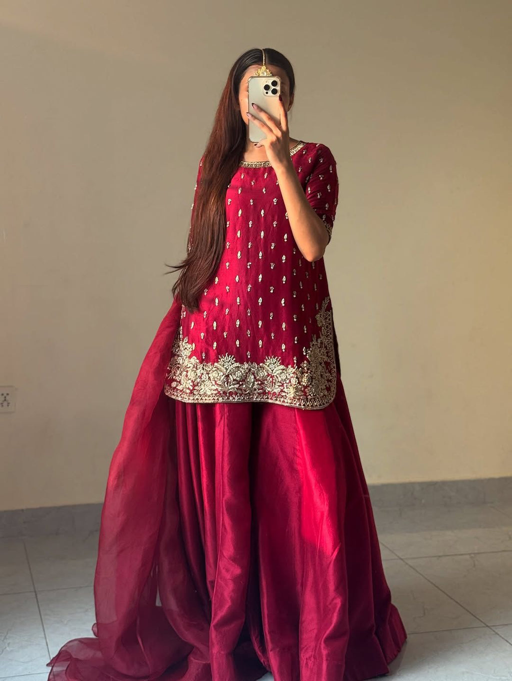 TRENDBUY Farsi Kurti-Plazzo Set in deep red, front view on model, showcasing Zari embroidery on kurti and flowing plazzo.
