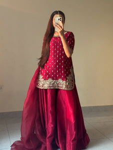 TRENDBUY Elegant Farsi Kurti-Plazzo Set | Zari Embroidered French Crape Ethnic Wear