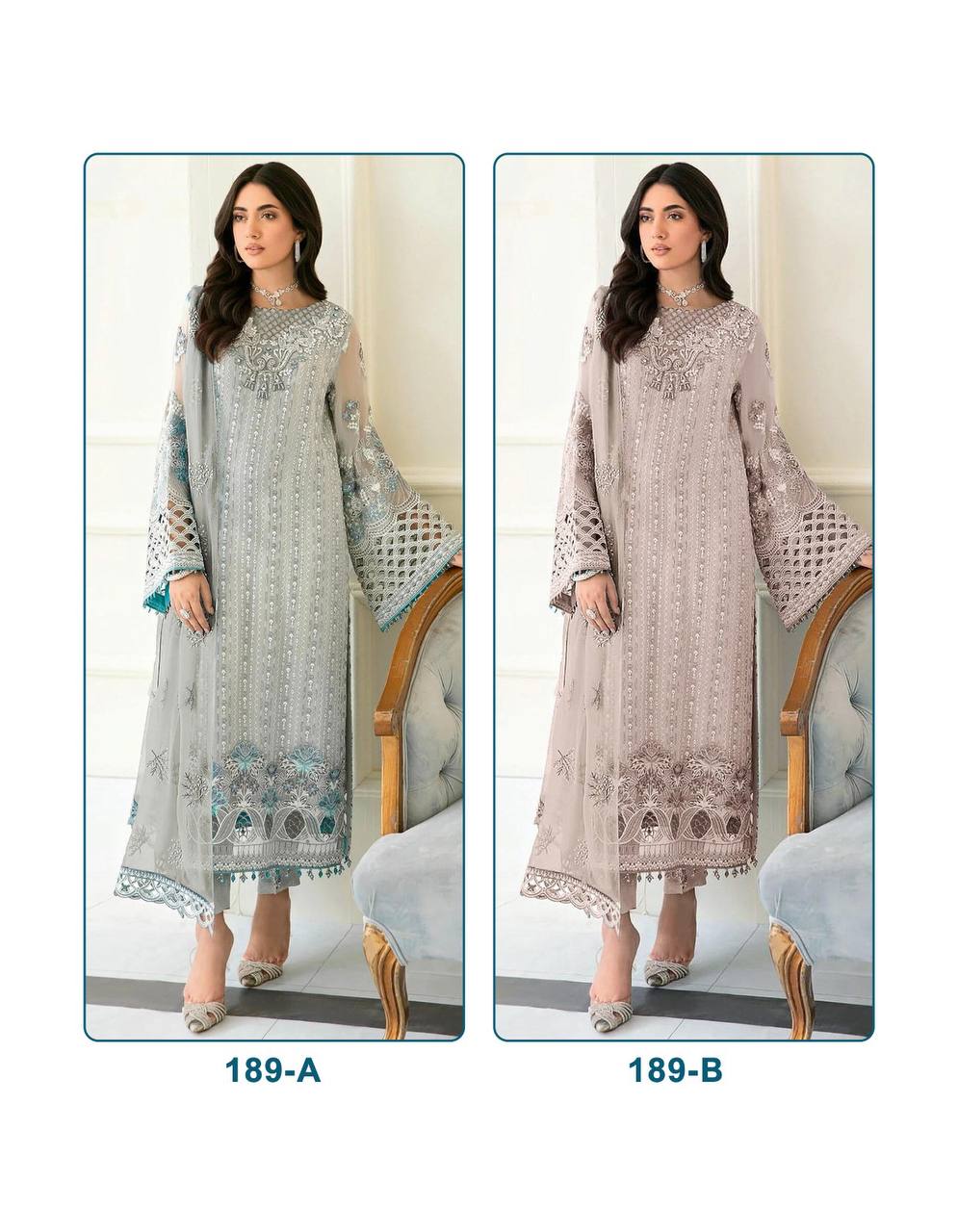 Two models showcasing TRENDBUY's luxurious faux georgette embroidered salwar suit material in Grey Aqua and Mauve Beige color options.