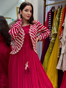 TRENDBUY: New Designer Fox Georgette Gown & Embroidered Vichitra Silk Jacket Set