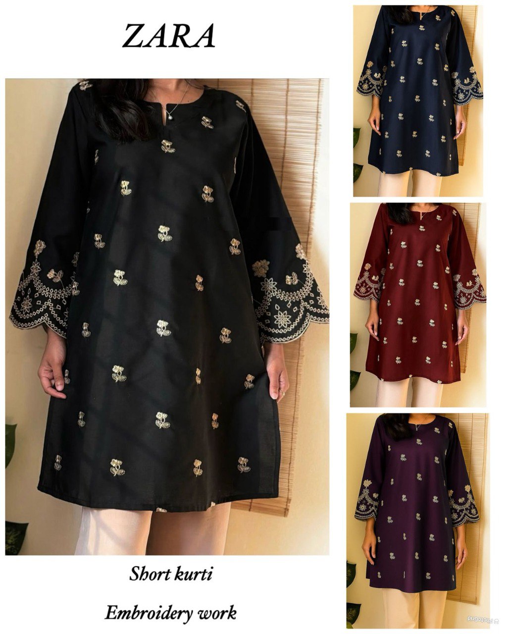 Model wearing a black Trending Short Rayon Kurti with intricate golden floral embroidery and cut work sleeves, showcasing navy, maroon, and purple options in small insets.