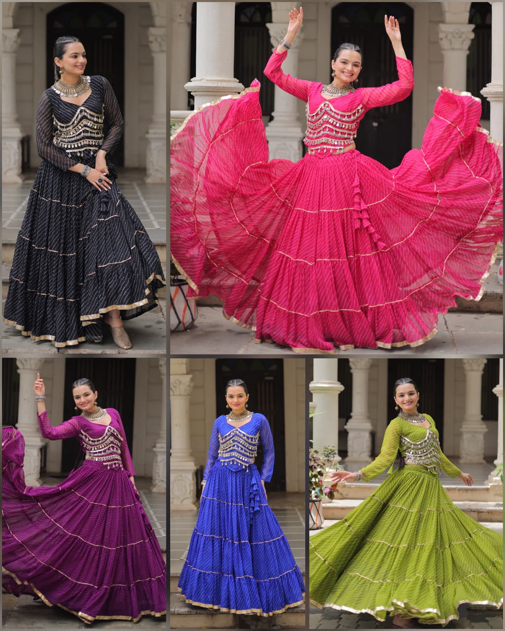Collage of a smiling woman showcasing the Leheriya Print Lehenga Blouse Set in five different vibrant colors: black, hot pink, purple, royal blue, and lime green, each with a wide flair and intricate mirror work blouse.