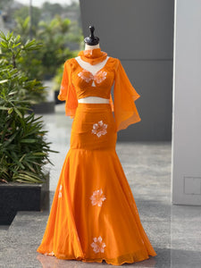 TRENDBUY Handpainted Georgette Fishcut Lehenga Choli Set with Ruffle Sleeve Blouse & Cascade Dupatta