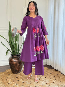 TRENDBUY Premium Pure Cotton Kurta & Plazzo Co-ord Set with Mirror Work & Floral Embroidery
