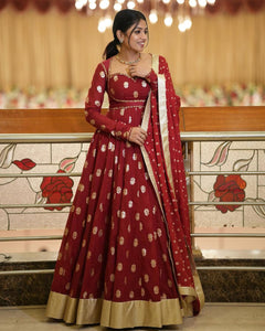 TRENDBUY Red Georgette Anarkali Gown with Zari & Sequins Embroidery - Fully Stitched