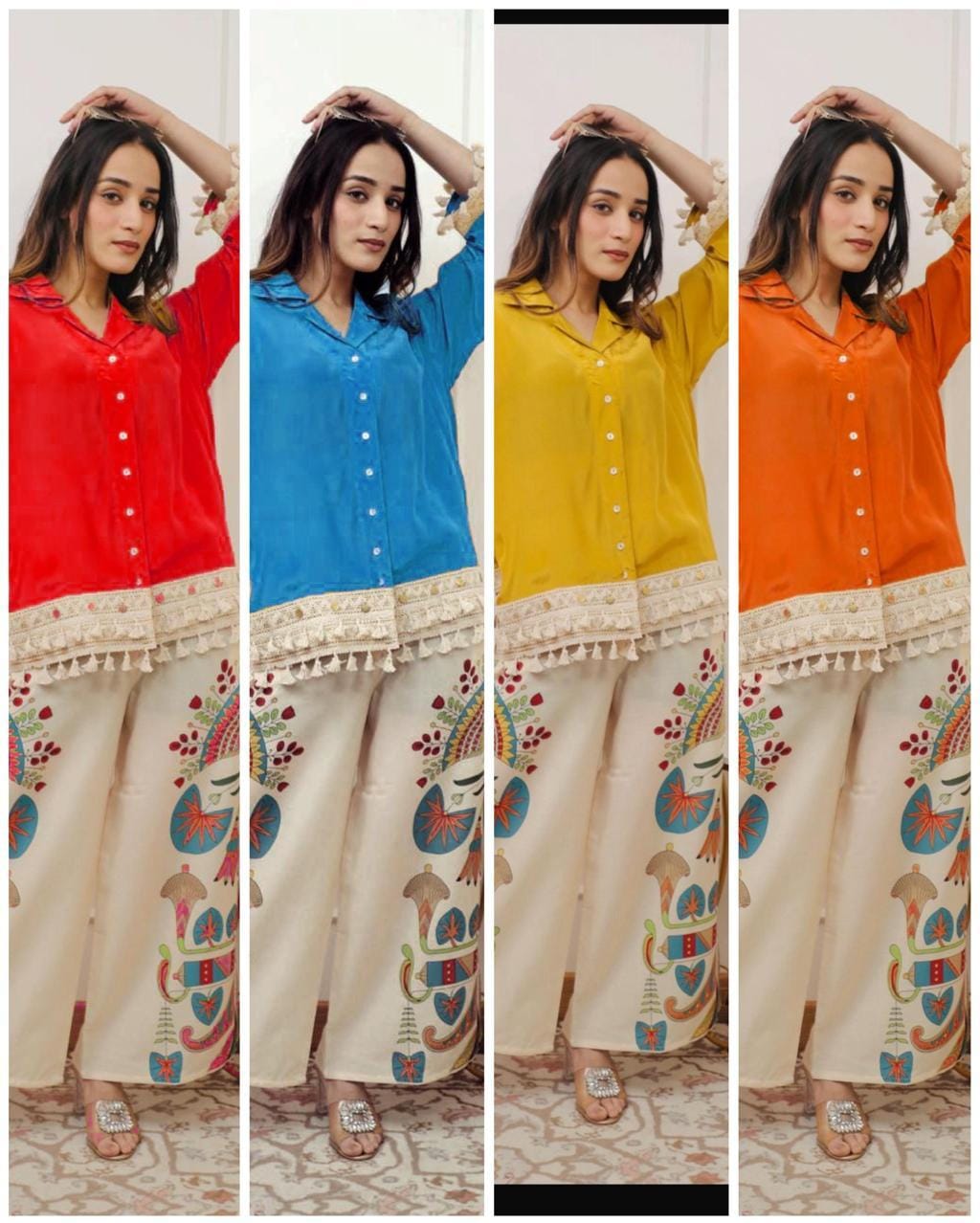Model showcasing 4 vibrant color options (Red, Blue, Yellow, Orange) of the Navratri special cut top and digital print palazzo set.