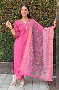 TRENDBUY Premium Rouge Roman Silk Kurti Pant Dupatta Set with Exquisite Hand Work