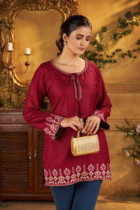 TRENDBUY Elegant Embroidered Heavy Rayon Short Tunic Top for Office & Everyday Wear