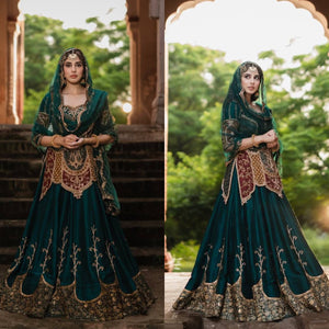 TRENDBUY Emerald Green Natural Crep Silk Embroidered Lehenga Choli Set with Zari & Sequence Work