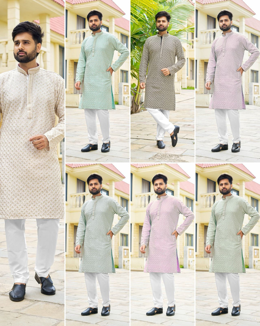 TRENDBUY model showcasing a premium off-white embroidered Rayon Kurta Pyjama Set with sequin work and white pyjamas.