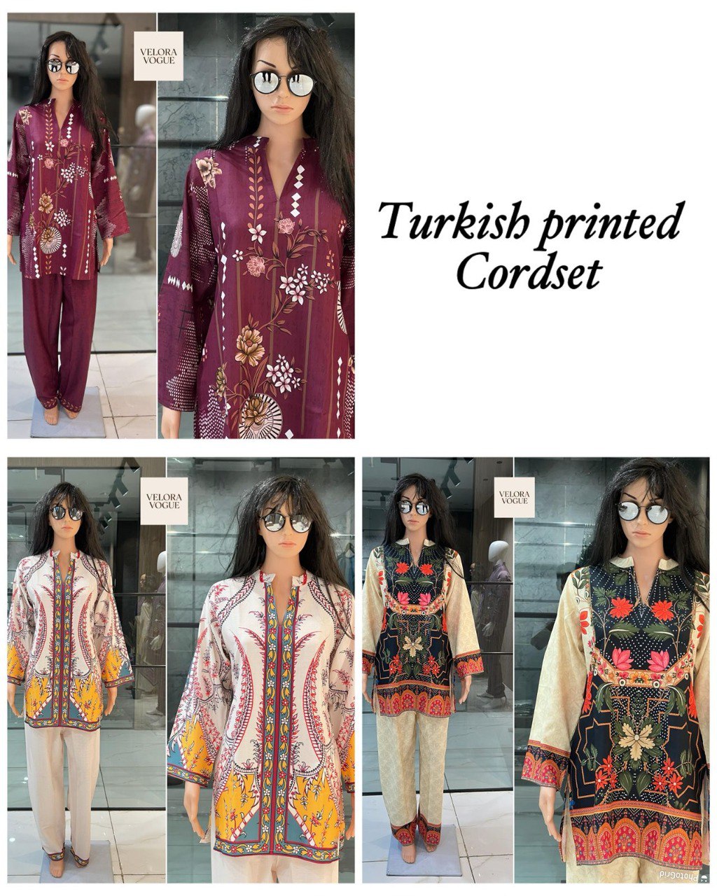 TRENDBUY Turkish Style Co-ord Set Mannequin display of Maroon Floral, White Paisley, and Cream Black Floral designs.
