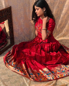 TRENDBUY Red Jacquard Silk Paithani Gown with Zari Weaving Work