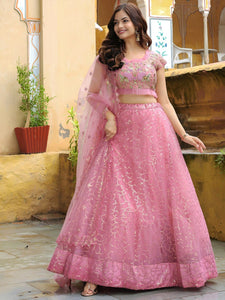 Premium Blush Pink Soft Net Lehenga Choli with Golden Sequin Embroidery for Weddings