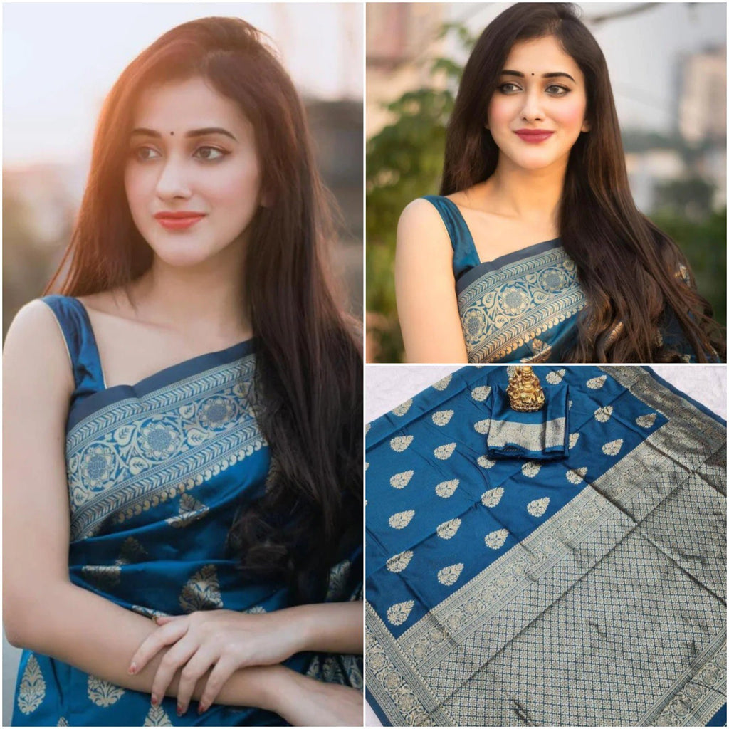 TRENDBUY model showcasing a beautiful Teal Blue Lichi Silk Jacquard Saree with rich pallu and golden patterns, looking elegant