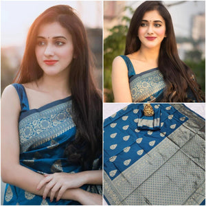 TRENDBUY Luxurious Teal Blue Soft Lichi Silk Jacquard Saree with Rich Pallu